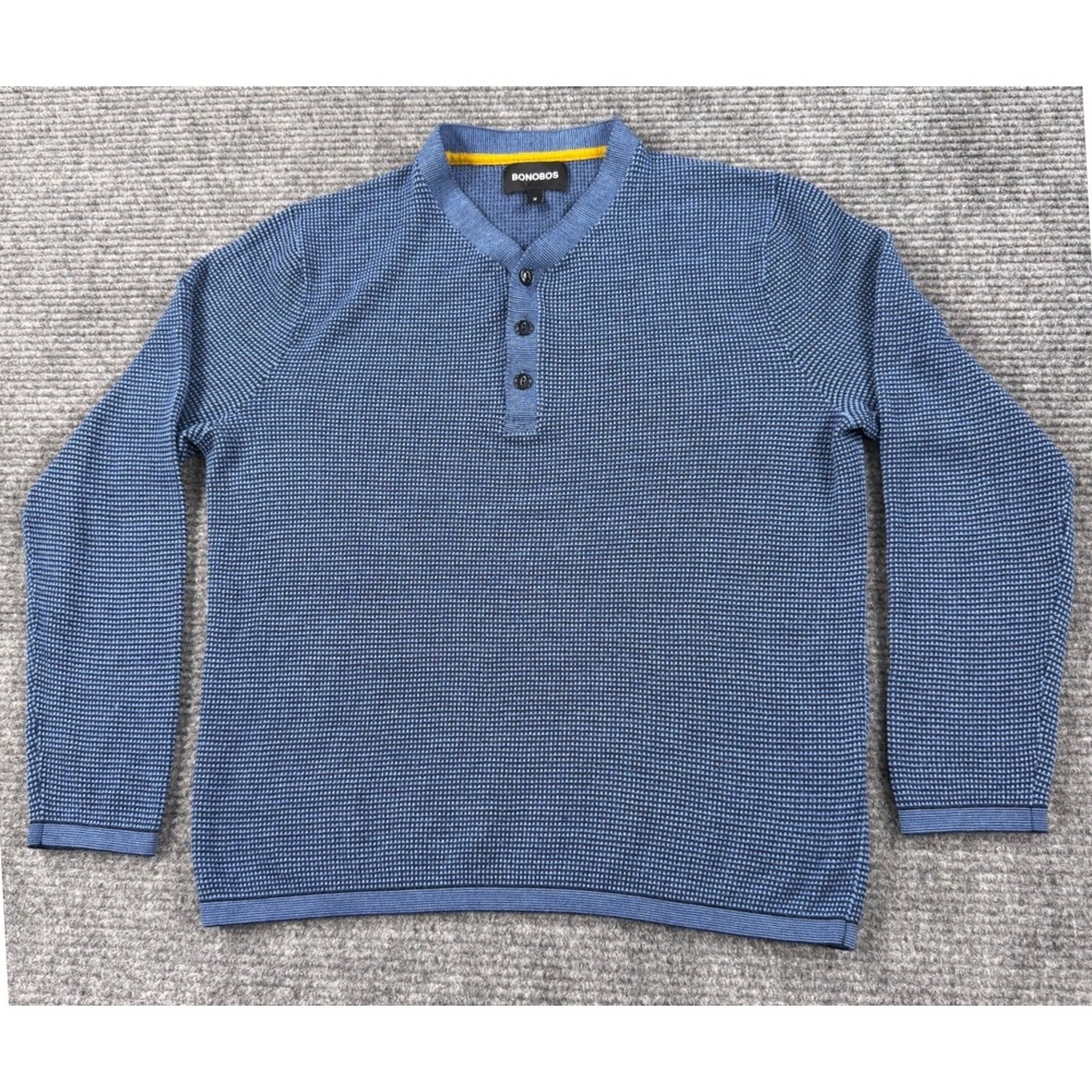 Bonobos Henley Sweater Mens M Blue Excellent Merino Wool Blend Long Sleeve Micro